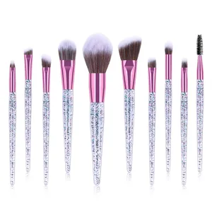 10pcs makeup brush set with purple glitter liquid quicksand handles on white background