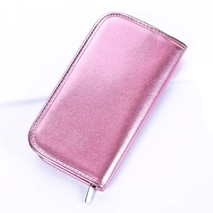Pink metallic texture makeup brush pouch with a premium silver zipper closure