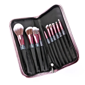 10pcs pink glitter makeup brush set with gradient bristles in a sequined zipper pouch