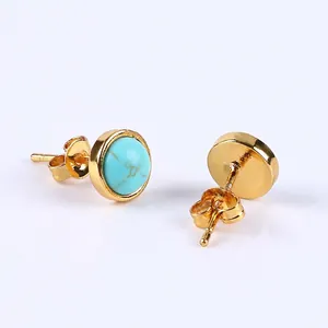 Minimalist gold round stud earrings with turquoise stones and rhinestone accents