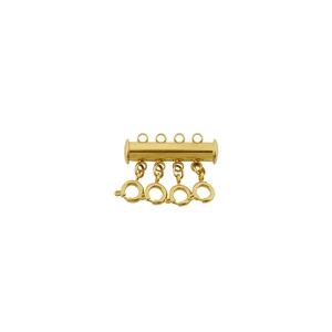 Detailed view of golden 4-strand magnetic slide clasp with spring rings for layered necklaces