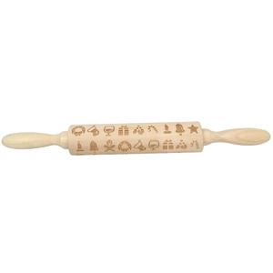Detailed laser-engraved Christmas patterns like gingerbread men on a wooden rolling pin