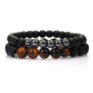 Detail of 2-piece set featuring matte onyx beads with tiger eye and hematite stones