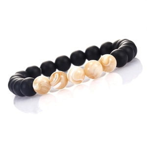 Detail of beaded bracelet with matte black hematite and cream tiger eye stones