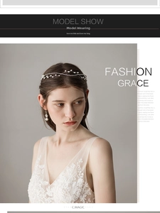 Close-up of handmade bridal headband and earrings with white pearls and crystals