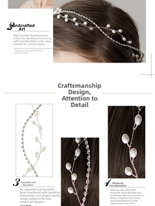 Detailed views of handmade pearl and rhinestone bridal headband with alloy silver chain