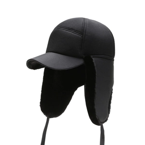 Men's thermal black trapper hat with thick faux fur lining and windproof ear flaps