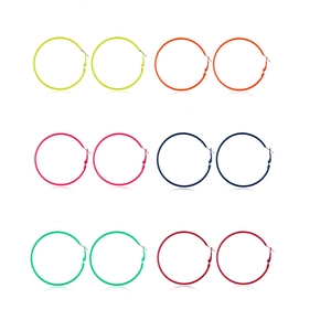 Neon 80s hoop earring set in six vibrant colors on a minimalist white background