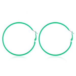 Detailed macro view of large green hoop earrings with matte finish and secure hinge closures