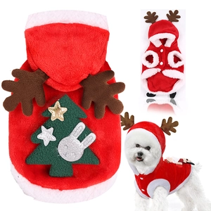 Detail view of red Christmas reindeer dog hoodie with warm plush fabric and embroidery