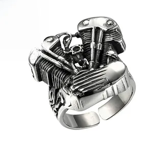 Detailed view of punk V-Twin engine ring in oxidized steel with industrial mechanical look