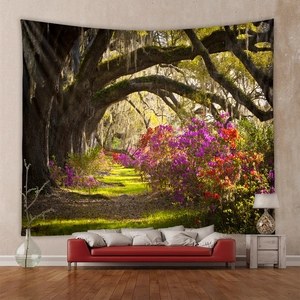 Detail of bohemian forest landscape tapestry with sunlit trees and vibrant flowers