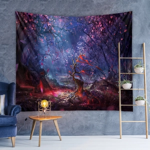 Detail of enchanted forest tapestry showing glowing trees and flying pink petals in a room