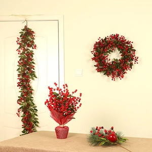 Christmas pinecone and red berry garland set with wreath and potted plant ornaments