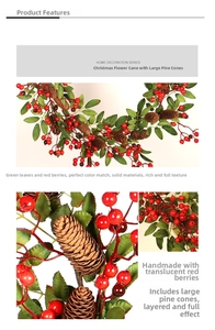Detail view of Christmas garland with natural pine cones, red berries and green foliage