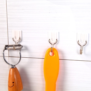 Self-adhesive white plastic wall hooks with stainless steel hooks for kitchen and bathroom