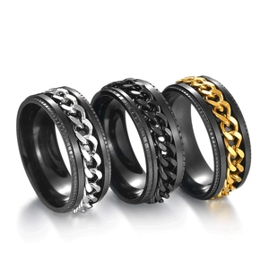 Mens rotatable chain ring in silver, gold, and black titanium steel on white background