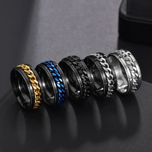 Detailed close-up of rotating stainless steel chain rings in five colors for men