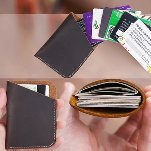 Retro Crazy Horse Genuine Leather Card Holder Slim Wallet For Men Women Minimalist Cowhide Handmade Stitching