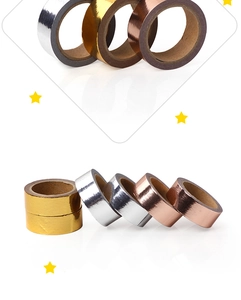 Detail of metallic gold, silver and rose gold washi tape rolls for DIY stationery