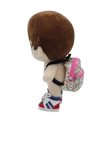 Detail view of a 1/6 BJD doll wearing a floral zipper backpack and colorful sneakers