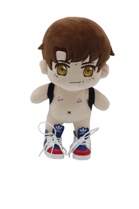 Detailed view of Labubu BJD doll featuring brown hair and stylish tricolor sneakers