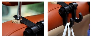 Installation and usage of black dual car seat headrest hooks on leather seats