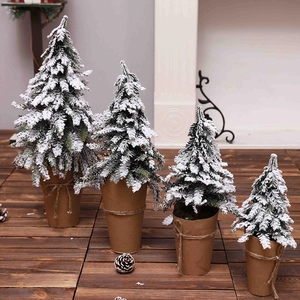 Set of four snowy mini Christmas trees in kraft paper pots on a rustic wooden floor