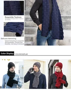 Detail showing the textured grid pattern of the knitted scarf, hat, and gloves set