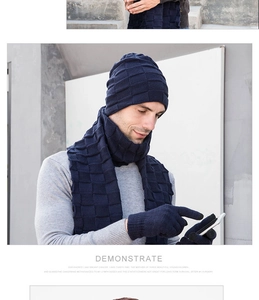 Close-up of navy blue knitted winter set featuring premium checkered weave pattern