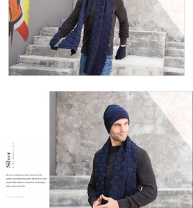 Detailed shot of a navy blue knitted winter accessories set with hat, scarf and gloves.