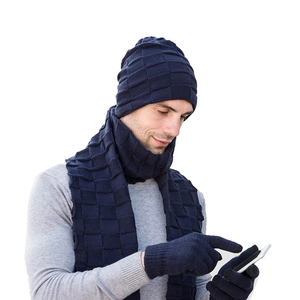 Men's navy blue winter knit set including hat, scarf, and touch screen gloves
