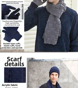 Detail view of acrylic knit winter set including hat, scarf, and touchscreen gloves.