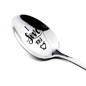 Polished stainless steel long handle spoon with I Love You engraving and heart design