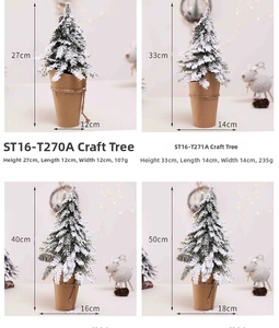 Detail of four flocked mini Christmas trees in Kraft paper pots with sizes and dimensions