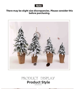 Detailed view of four mini snow-flocked Christmas trees with kraft paper base and twine