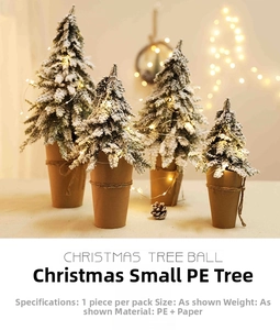 Detail of mini PE flocked Christmas trees with LED lights and paper base for festive decor