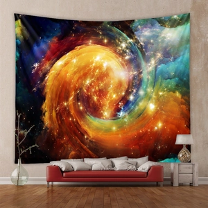 Modern living room featuring a large cosmic nebula wall tapestry above a red sofa