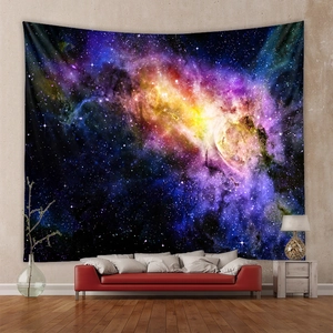 Detailed view of high-definition digital print nebula tapestry on a grey concrete wall
