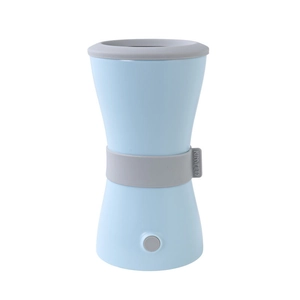 Electric automatic pet paw cleaner in pale blue with gray silicone strap and power button