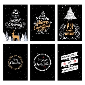Set of 6 black and gold Christmas greeting cards with hand-drawn festive illustrations