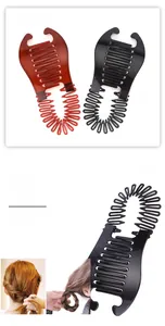 Detail of interlocking side hair combs for updos in tawny and black resin finishes