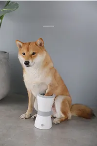 Close-up of a Shiba Inu using an automatic electric pet paw cleaner in a modern setting