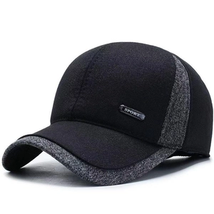 Mens winter wool baseball cap with grey texture, ear protection and SPORT metal badge