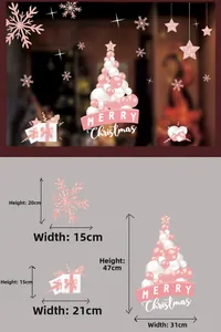 Pink and white Christmas window stickers with tree and snowflakes dimensions details