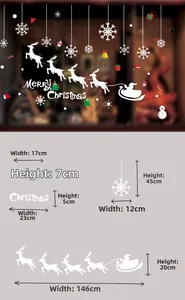 Detailed dimensions of Merry Christmas window stickers with reindeer and snowflake motifs