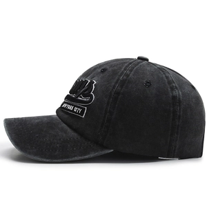 Washed denim baseball cap in black with New York City embroidery and vintage aesthetic