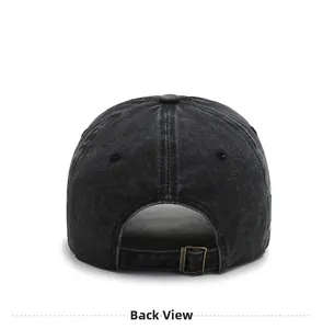 Detail view of washed denim baseball cap back with adjustable vintage bronze buckle