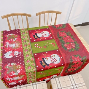 Detailed close-up of woven Christmas table runner with gingerbread and snowman patterns