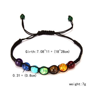 Adjustable rainbow bead bracelet with black braided rope and size specifications